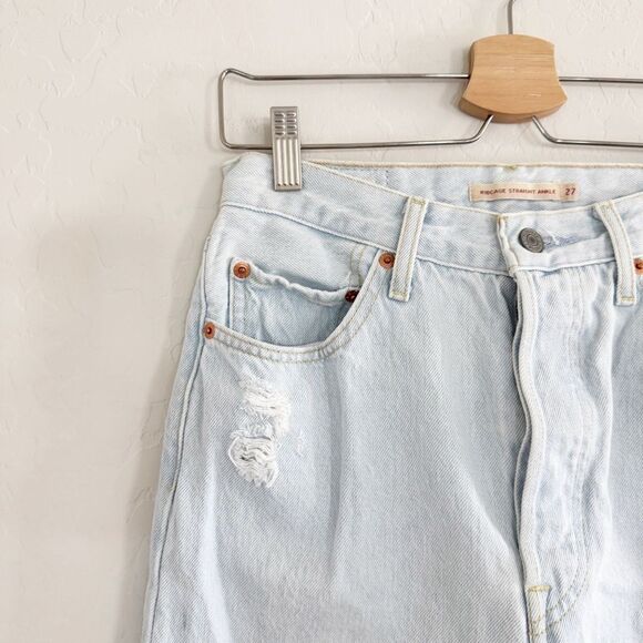 Levi’s Premium Ribcage Straight Ankle Light Wash High Rise Distressed Jeans - Picture 6 of 12